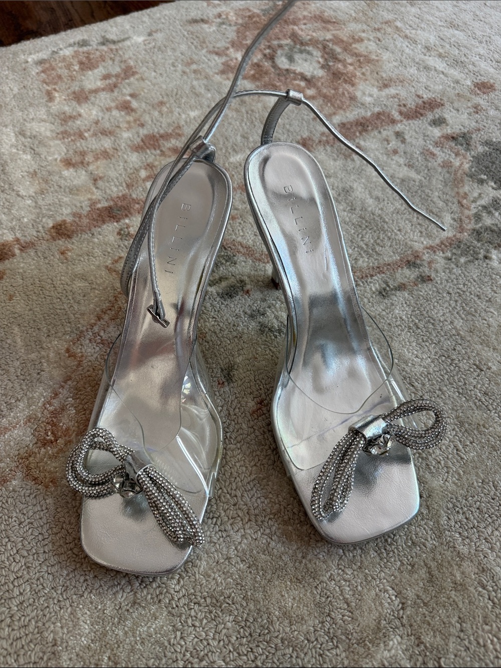Bellini Silver Crystal Bow Ankle-Tie Heels